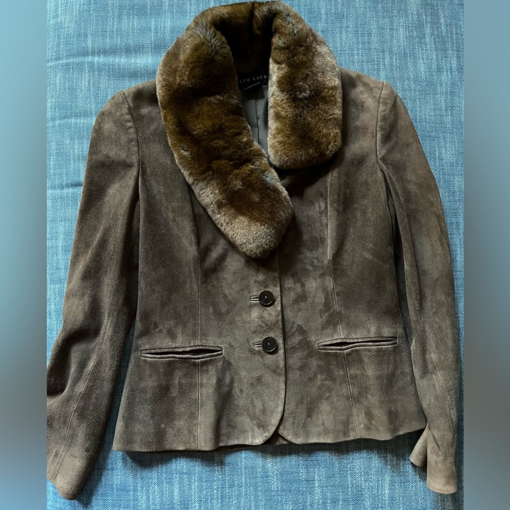 $995 Ralph Lauren Black Label Brown Suede blazer 8 (6) detach fur collar Vtg